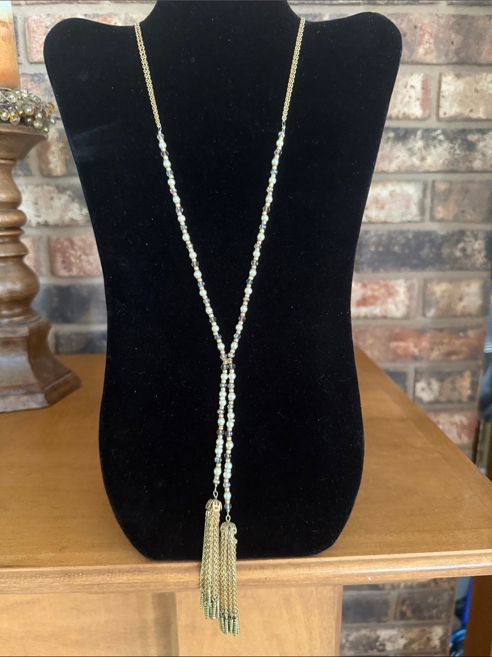 Vintage Gold tone Aurora Borealis and faux pearl double tassel Lariat necklace